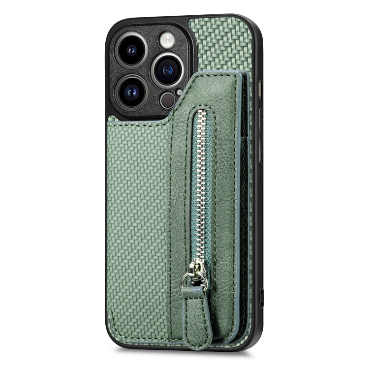 For iPhone 14 Pro Max Carbon Fiber Horizontal Flip Zipper Wallet Phone Case