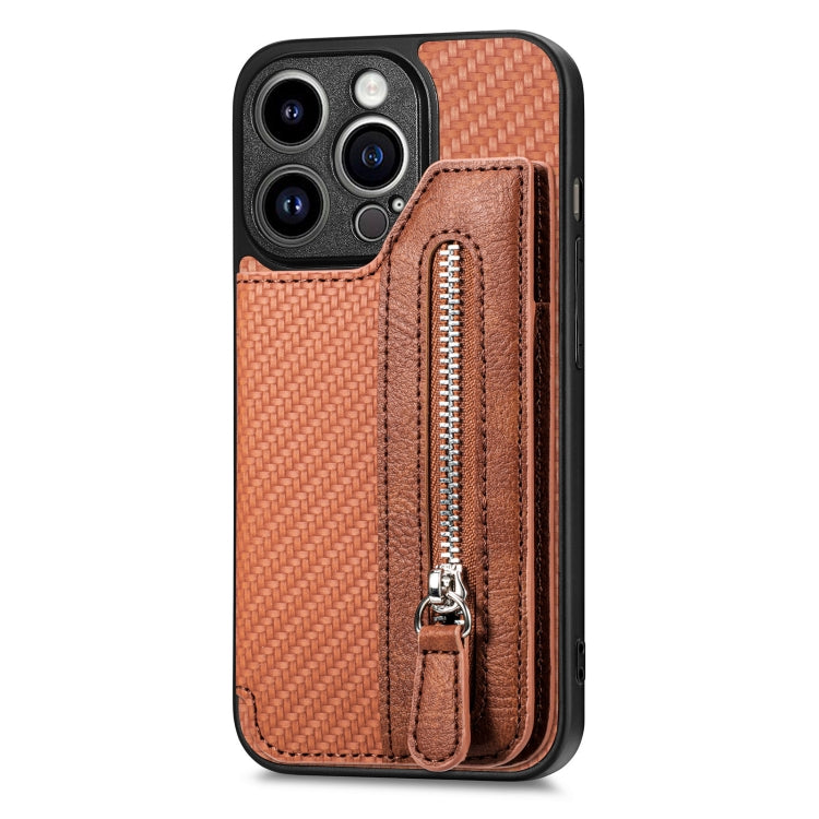 For iPhone 14 Pro Max Carbon Fiber Horizontal Flip Zipper Wallet Phone Case