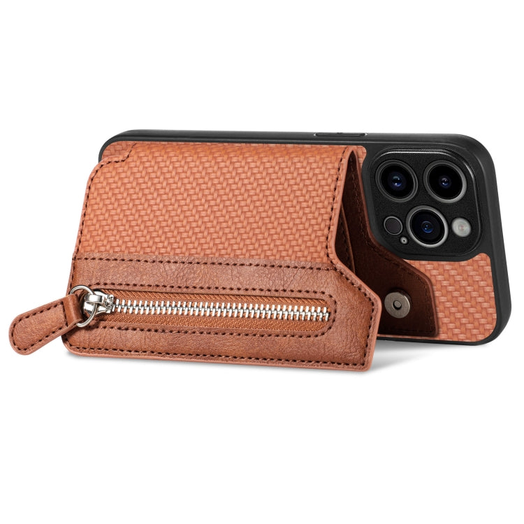 For iPhone 14 Pro Max Carbon Fiber Horizontal Flip Zipper Wallet Phone Case