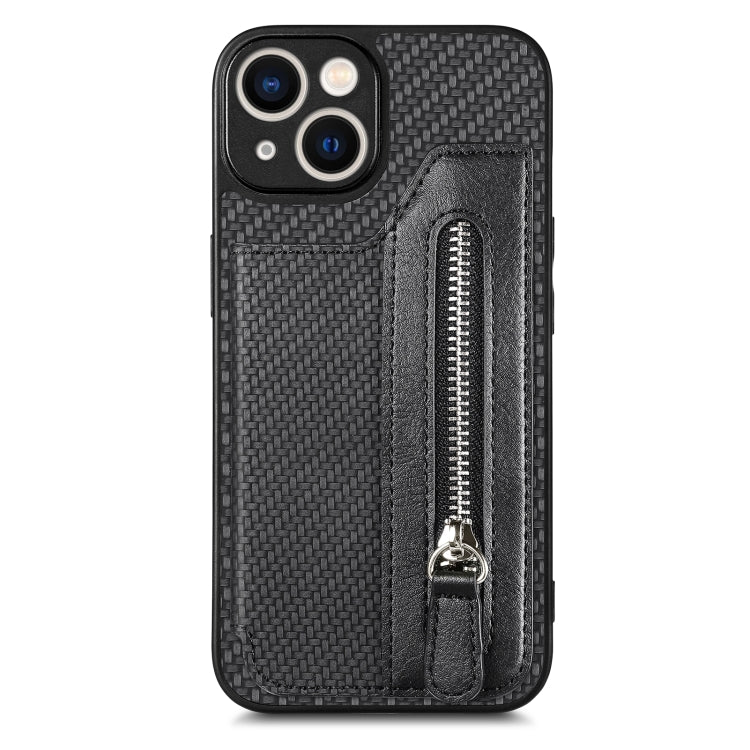 For iPhone 13 Carbon Fiber Horizontal Flip Zipper Wallet Phone Case