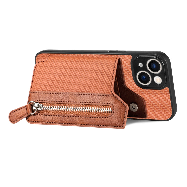 For iPhone 13 Carbon Fiber Horizontal Flip Zipper Wallet Phone Case