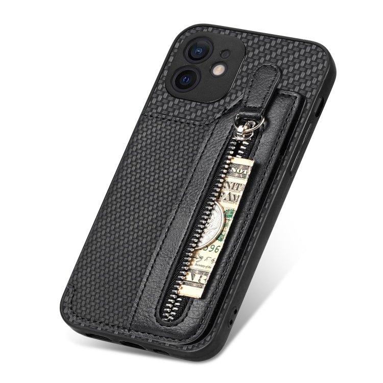 For iPhone 12 mini Carbon Fiber Horizontal Flip Zipper Wallet Phone Case