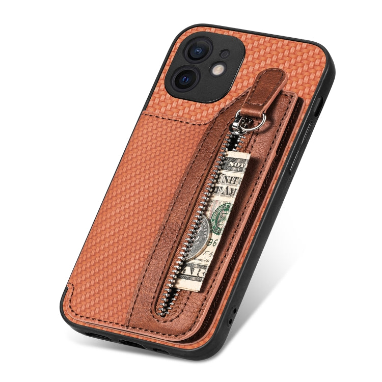 For iPhone 12 mini Carbon Fiber Horizontal Flip Zipper Wallet Phone Case