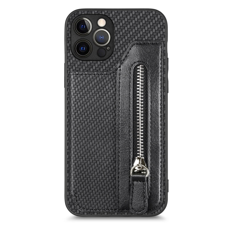 For iPhone 12 Pro Carbon Fiber Horizontal Flip Zipper Wallet Phone Case