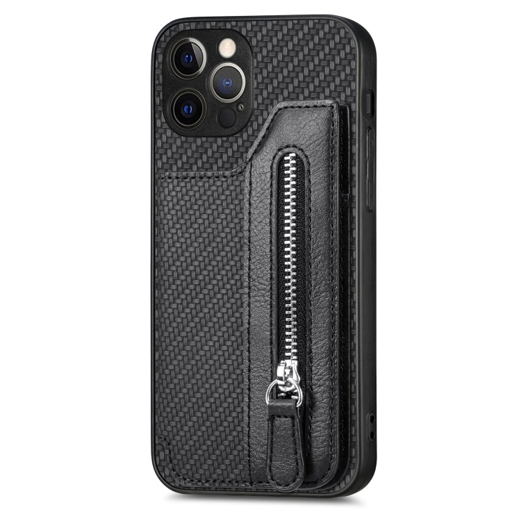 For iPhone 12 Pro Carbon Fiber Horizontal Flip Zipper Wallet Phone Case