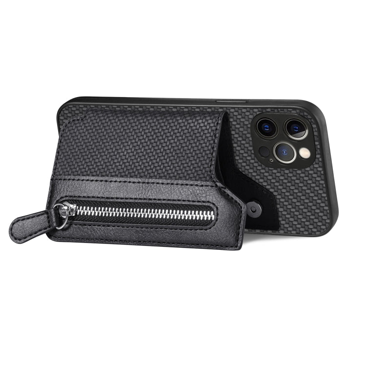 For iPhone 12 Pro Carbon Fiber Horizontal Flip Zipper Wallet Phone Case