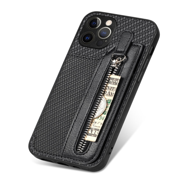 For iPhone 12 Pro Carbon Fiber Horizontal Flip Zipper Wallet Phone Case