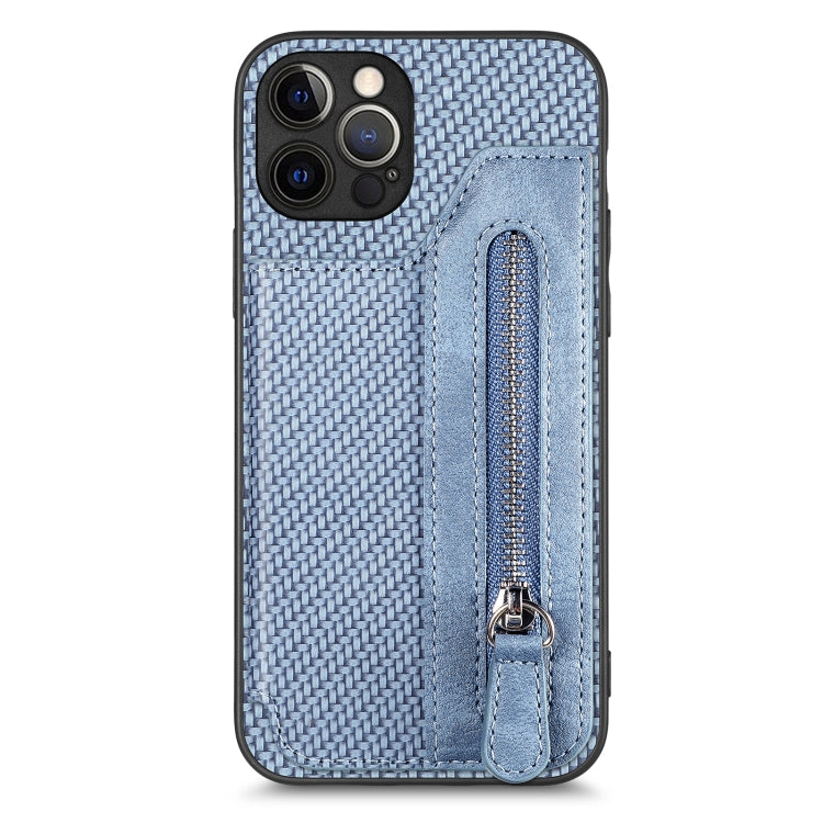 For iPhone 12 Pro Carbon Fiber Horizontal Flip Zipper Wallet Phone Case