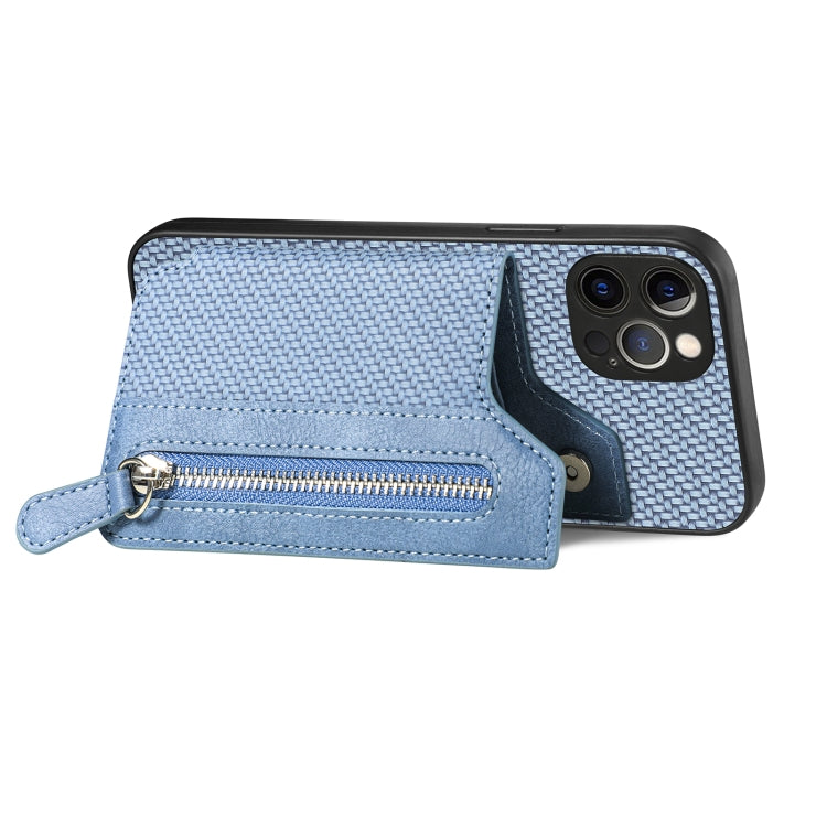 For iPhone 12 Pro Carbon Fiber Horizontal Flip Zipper Wallet Phone Case