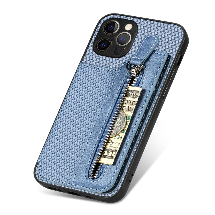 For iPhone 12 Pro Carbon Fiber Horizontal Flip Zipper Wallet Phone Case