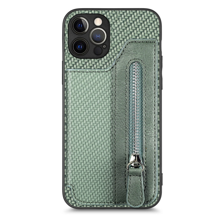 For iPhone 12 Pro Carbon Fiber Horizontal Flip Zipper Wallet Phone Case