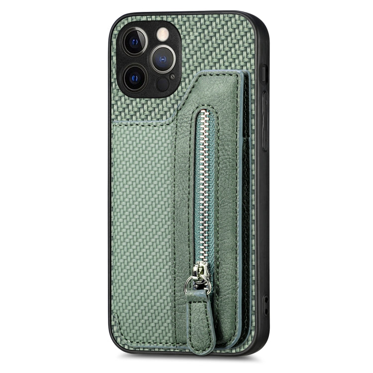 For iPhone 12 Pro Carbon Fiber Horizontal Flip Zipper Wallet Phone Case