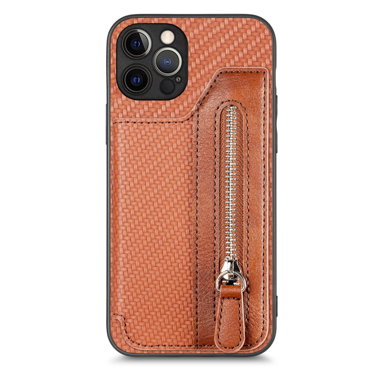 For iPhone 12 Pro Carbon Fiber Horizontal Flip Zipper Wallet Phone Case