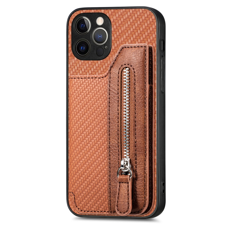 For iPhone 12 Pro Carbon Fiber Horizontal Flip Zipper Wallet Phone Case