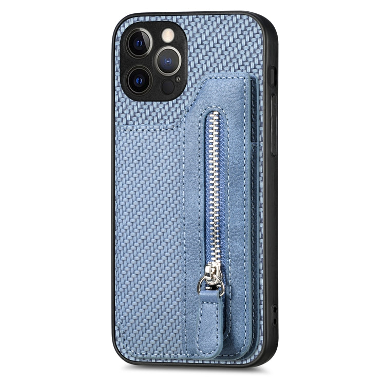 For iPhone 12 Pro Max Carbon Fiber Horizontal Flip Zipper Wallet Phone Case