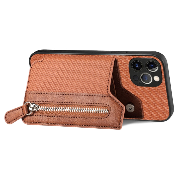 For iPhone 12 Pro Max Carbon Fiber Horizontal Flip Zipper Wallet Phone Case