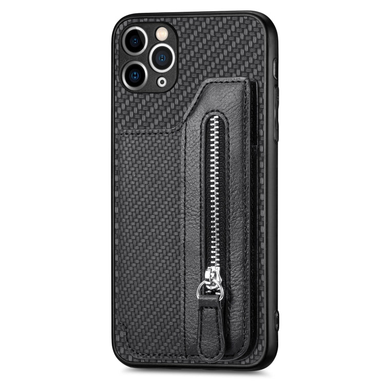 For iPhone 11 Pro Carbon Fiber Horizontal Flip Zipper Wallet Phone Case