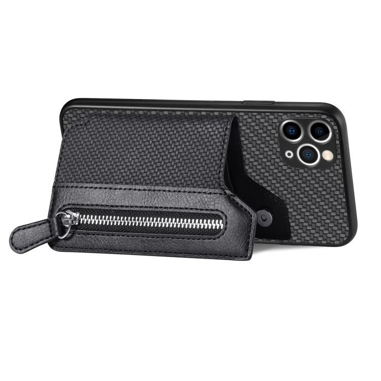 For iPhone 11 Pro Carbon Fiber Horizontal Flip Zipper Wallet Phone Case
