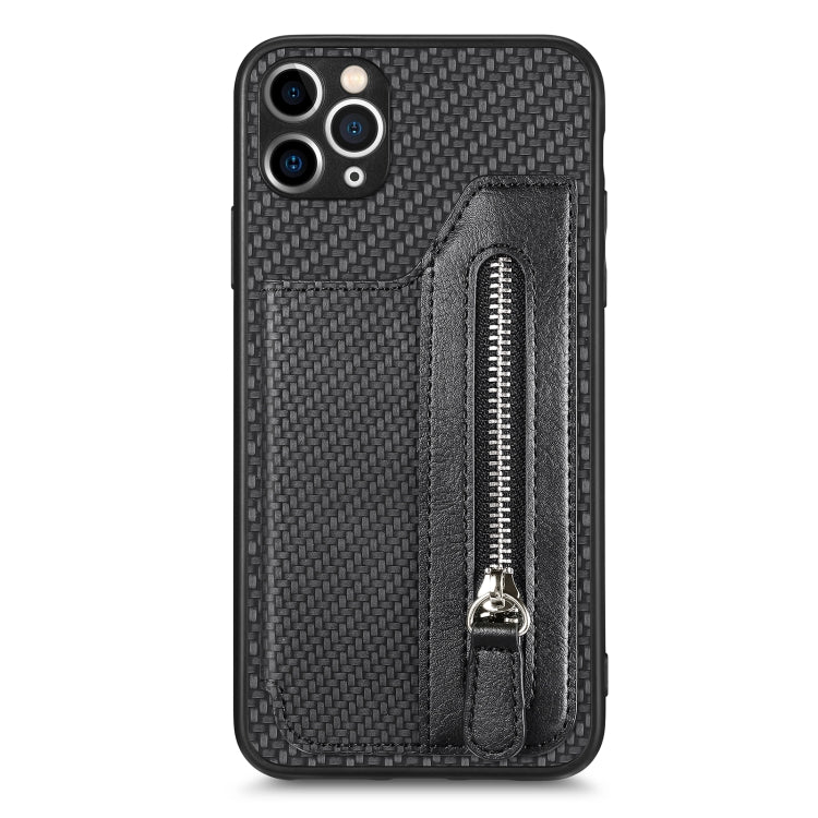 For iPhone 11 Pro Carbon Fiber Horizontal Flip Zipper Wallet Phone Case