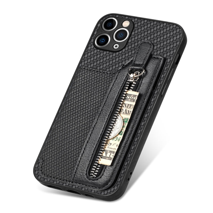 For iPhone 11 Pro Carbon Fiber Horizontal Flip Zipper Wallet Phone Case