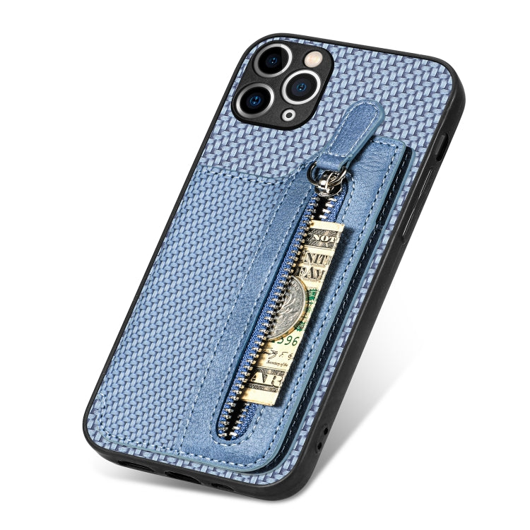 For iPhone 11 Pro Carbon Fiber Horizontal Flip Zipper Wallet Phone Case