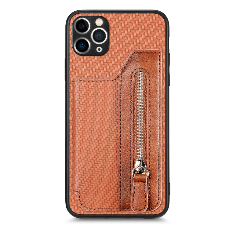 For iPhone 11 Pro Carbon Fiber Horizontal Flip Zipper Wallet Phone Case