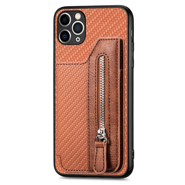 For iPhone 11 Pro Carbon Fiber Horizontal Flip Zipper Wallet Phone Case