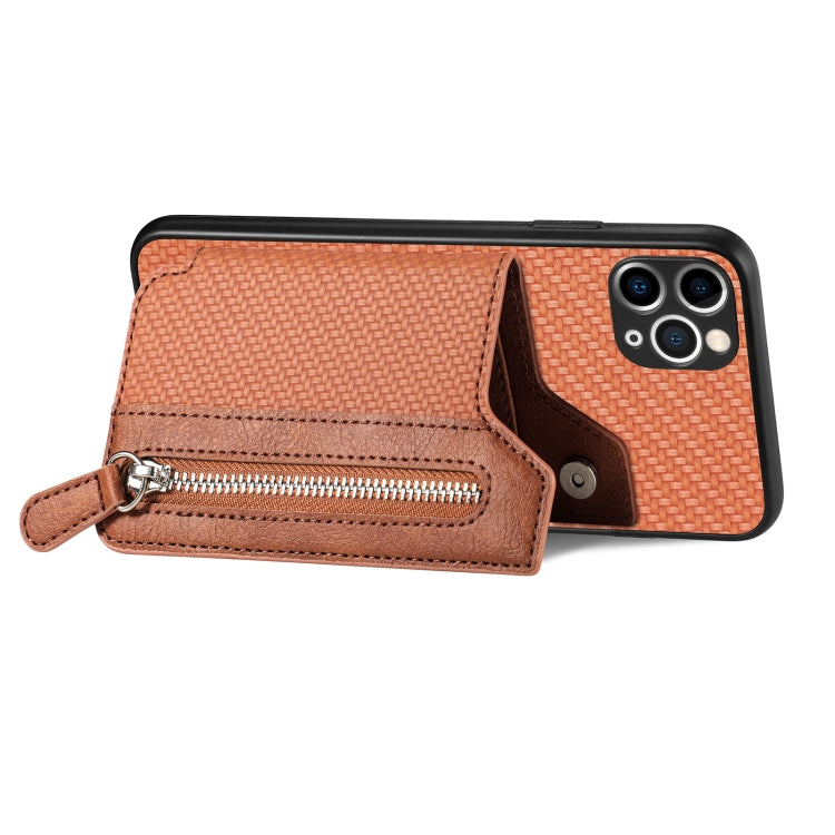 For iPhone 11 Pro Carbon Fiber Horizontal Flip Zipper Wallet Phone Case