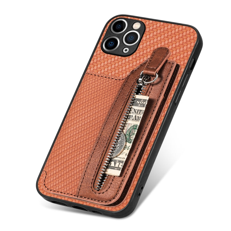 For iPhone 11 Pro Carbon Fiber Horizontal Flip Zipper Wallet Phone Case
