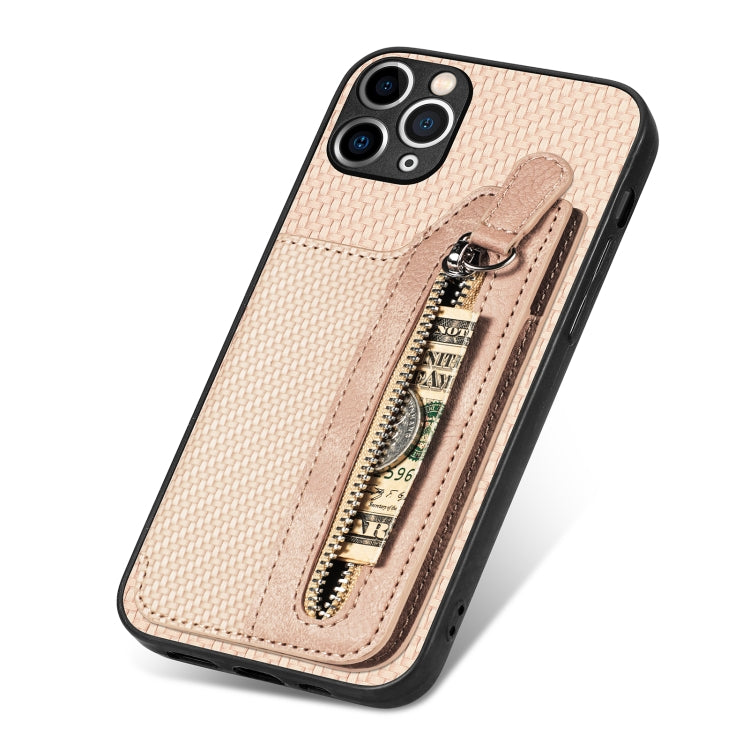 For iPhone 11 Pro Carbon Fiber Horizontal Flip Zipper Wallet Phone Case