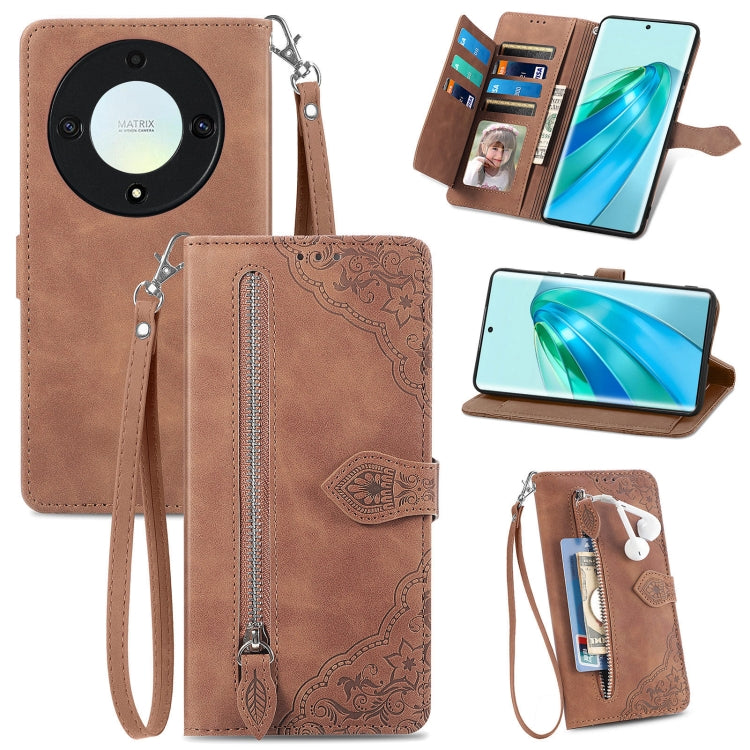 For Honor X9a Embossed Flower Zipper Leather Phone Case