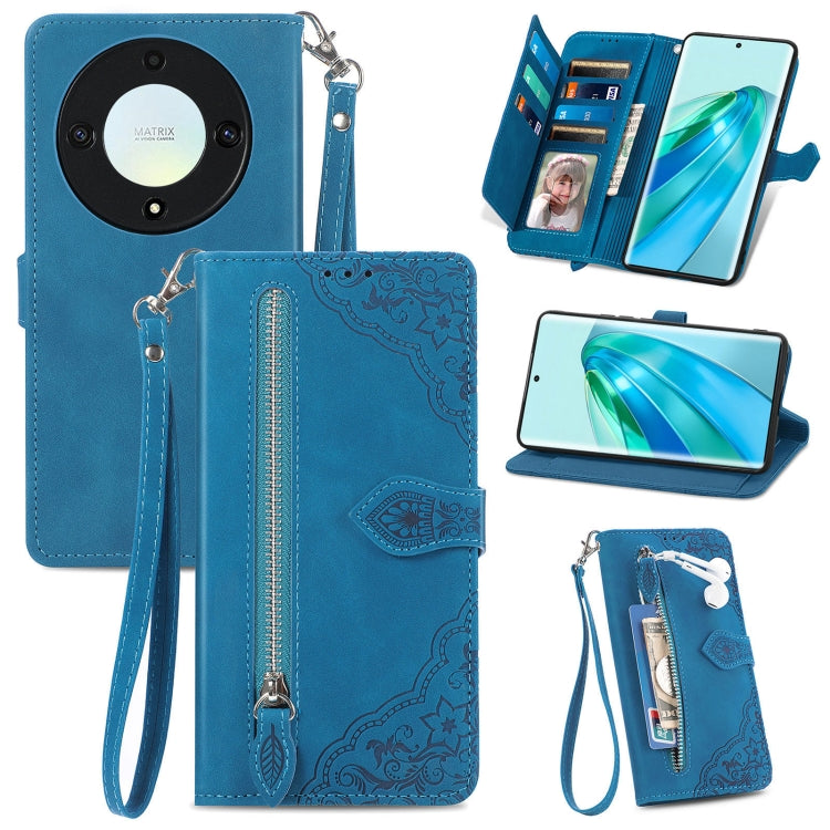 For Honor X9a Embossed Flower Zipper Leather Phone Case