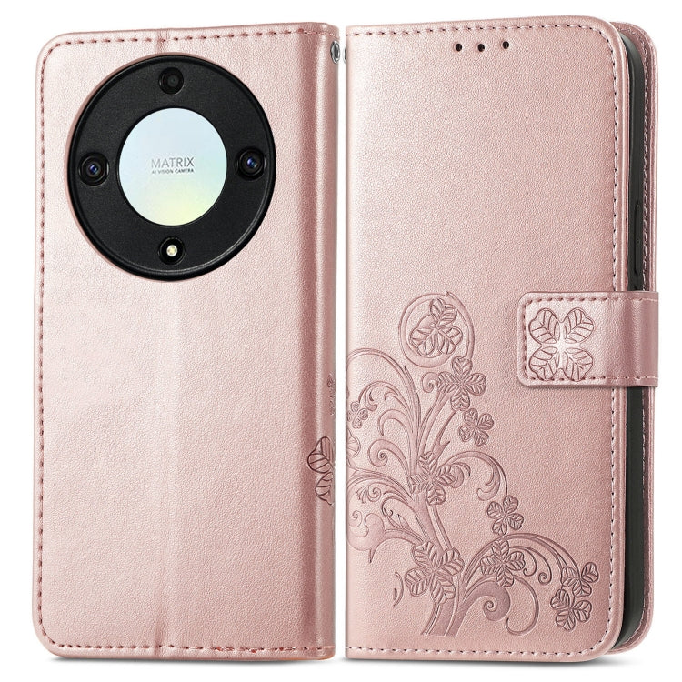 For Honor Magic5 Lite Four-leaf Clasp Embossed Buckle Leather Phone Case