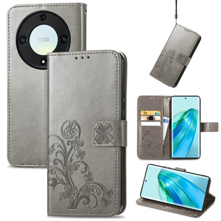For Honor Magic5 Lite Four-leaf Clasp Embossed Buckle Leather Phone Case