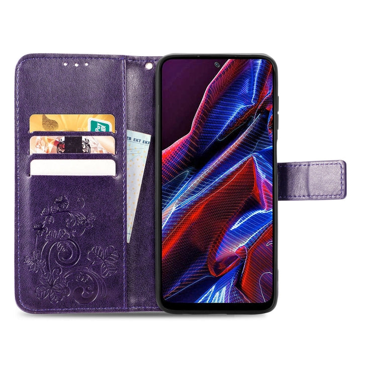 For Xiaomi Poco X5 Four-leaf Clasp Embossed Leather Phone Case