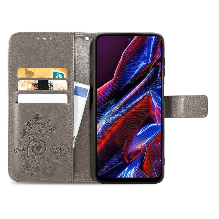 For Xiaomi Poco X5 Four-leaf Clasp Embossed Leather Phone Case