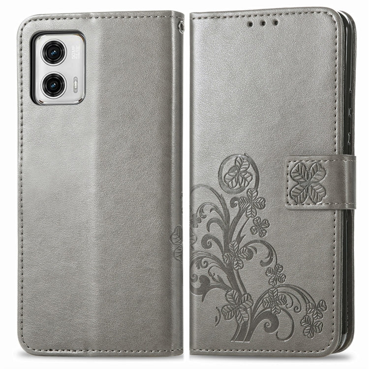 For Motorola Moto G73 Four-leaf Clasp Embossed Buckle Leather Phone Case
