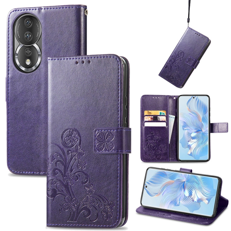 For Honor 80 Four-leaf Clasp Embossed Buckle Leather Phone Case