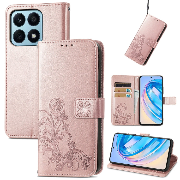 For Honor X8A Four-leaf Clasp Embossed Buckle Leather Phone Case