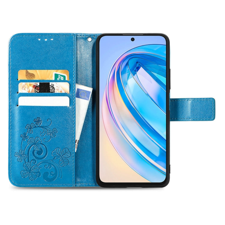 For Honor X8A Four-leaf Clasp Embossed Buckle Leather Phone Case