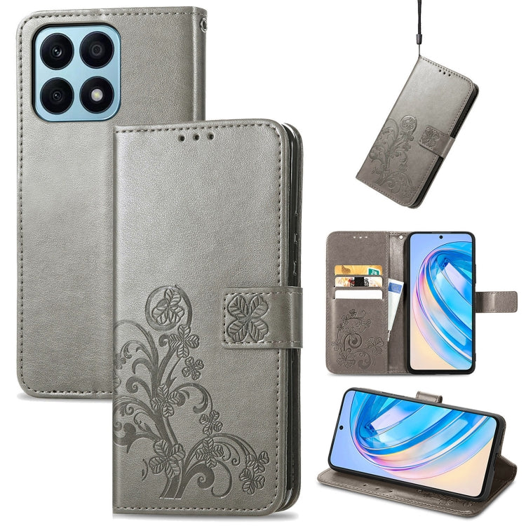 For Honor X8A Four-leaf Clasp Embossed Buckle Leather Phone Case