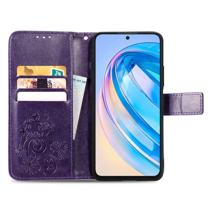 For Honor X8A Four-leaf Clasp Embossed Buckle Leather Phone Case