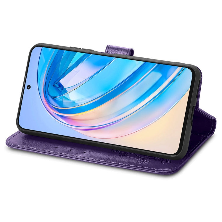 For Honor X8A Four-leaf Clasp Embossed Buckle Leather Phone Case