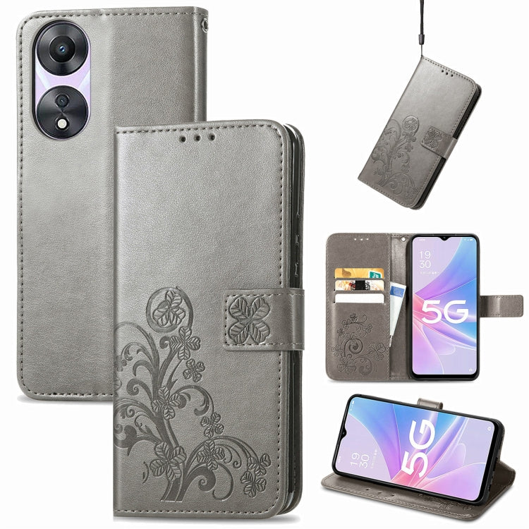 For OPPO A78 Four-leaf Clasp Embossed Buckle Leather Phone Case
