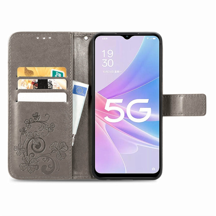 For OPPO A78 Four-leaf Clasp Embossed Buckle Leather Phone Case