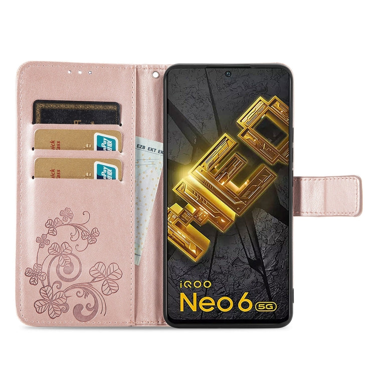 For vivo iQOO Neo6 Four-leaf Clasp Embossed Buckle Leather Phone Case