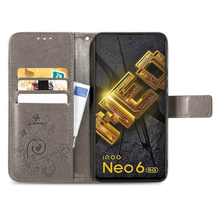 For vivo iQOO Neo6 Four-leaf Clasp Embossed Buckle Leather Phone Case