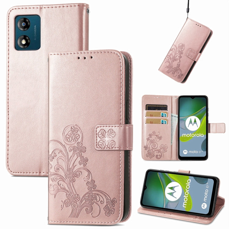 For Motorola Moto E13 Four-leaf Clasp Embossed Buckle Leather Phone Case
