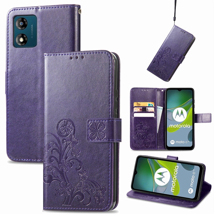 For Motorola Moto E13 Four-leaf Clasp Embossed Buckle Leather Phone Case