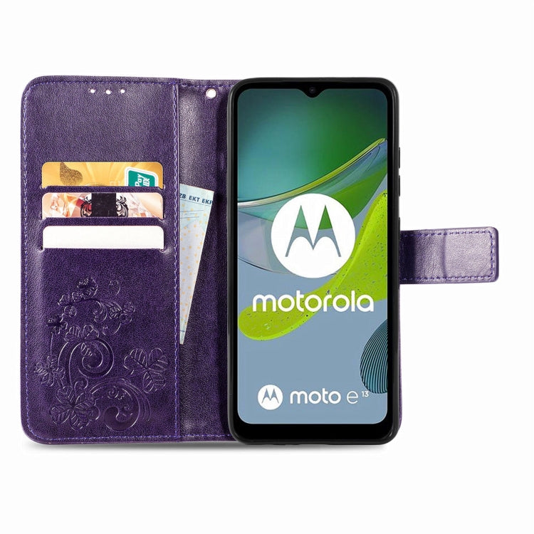 For Motorola Moto E13 Four-leaf Clasp Embossed Buckle Leather Phone Case